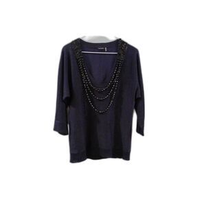 Magaschoni Linen/Silk Blend Sequin Beaded Necklace Sweater -Navy M